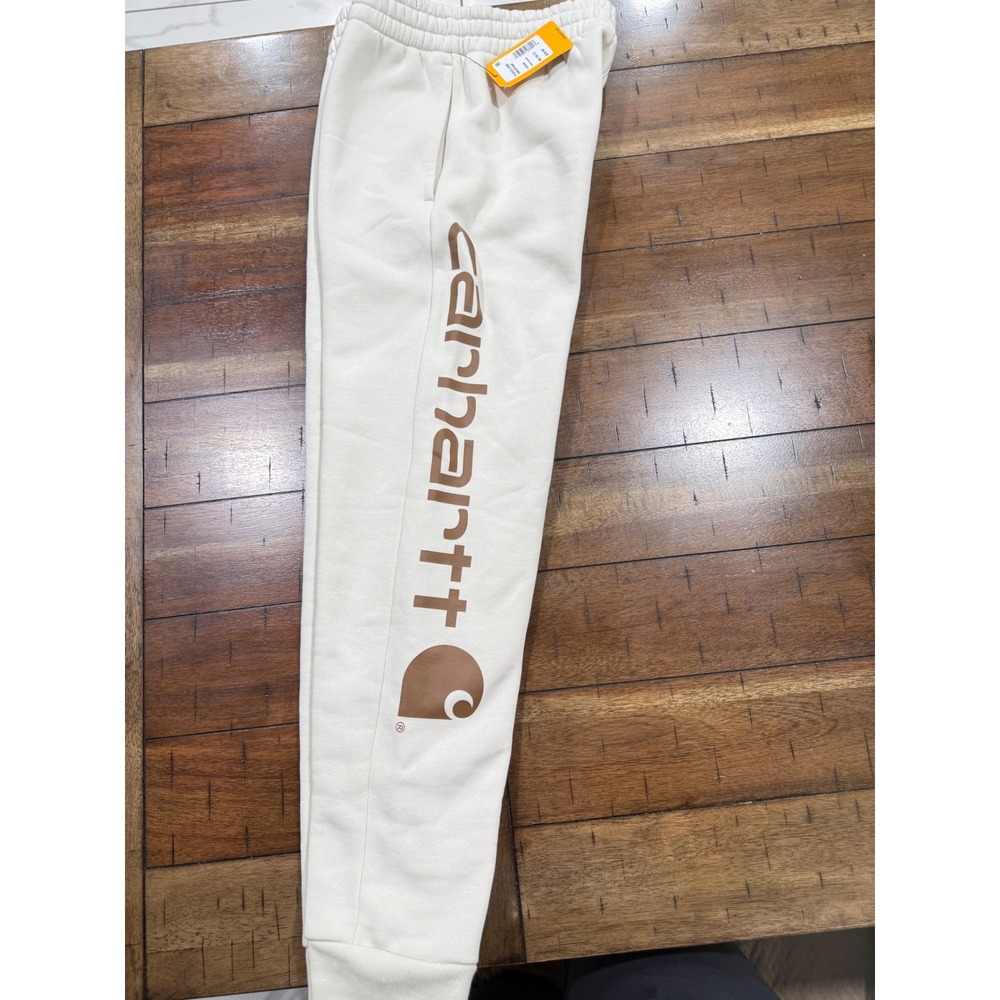 Carhartt Boys M 10-12 Fleece Logo Sweatpants Birch Cream Joggers NWT - Picture 3 of 5